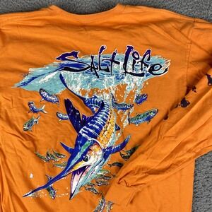 Salt Life Shirt Mens Medium Orange Tee Swordfish Ocean 3D L/S Graphic Sea Beach